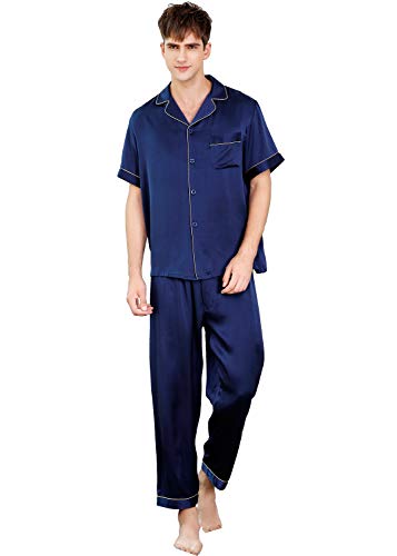 Men's Silk Sleepwear Pajamas,Short-Sleeve Shirt & Long Pants,100% Silk(Main),5 Colors,真丝睡衣