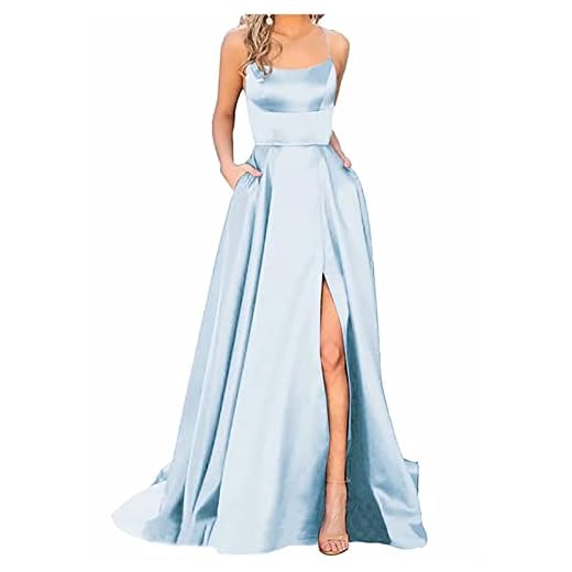 Robe Longue Femme en Satin élégante Dos Nu Fendue Spaghetti Sangle Couleur Unie Swing pour Bal Mariage Cocktail Robe de Soirée Longue Mariage Party Dress (Bleu Clair,M)