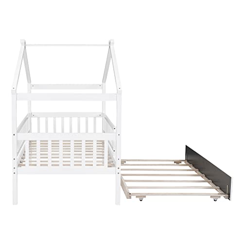Merax Twin Size Wooden House Bed With Twin Size Trundle, Wood Bed Frame With Roof And Safety Guardrail For Kids, Teens, Boys Or Girls, White #TOP7