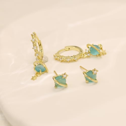 14K Gold Earrings Set for Women Hypoallergenic 925 Sterling Silver Stud Post Blue Planet Pink Flower Hoop Dainty Stackable Dangle Earring Stacks for Multiple Piercings,6 Pairs-Gold by Umeher - Image 5