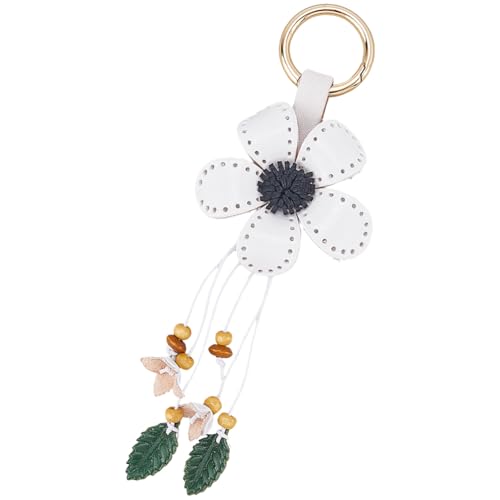 GORGECRAFT Porte Clés en Cuir Véritable avec Motif Floral Blanc et Feuilles Style Bohème Breloques à Pompon Pendentifs Accessoires pour Clés de Voiture Portefeuilles Sacs à Main Bagues Décoration DIY