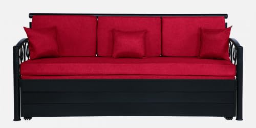 Image of 3 Seater Metal Sofa Cum Bed with Hydraulic Storage | Sofa Set for Living Room, Bedroom, Guest Room| Single Size Convertible Sofa Bed | Comfortable Seating Sofa Red & Black