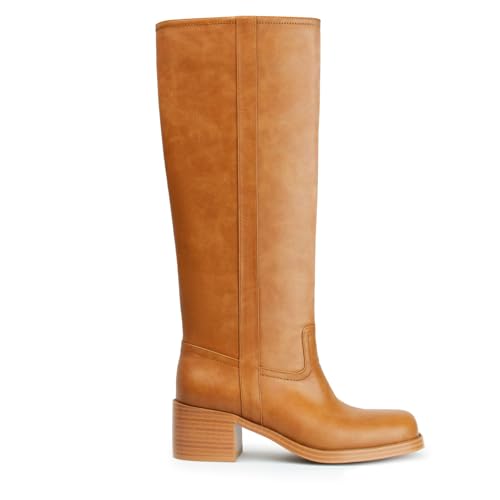 Gothictor Women's Brown Knee High Boots Square Toe Chunky Block Heel Comfortable Low Heel Pull on Wide Calf Riding Shoes for Women 8.5