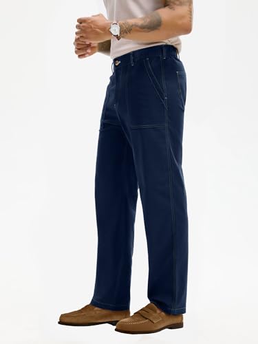 HOTake Men's Casual Pants Cotton Linen Pants for Men Relaxed Fit Expandable Waist Trousers L(36) Navy Blue3