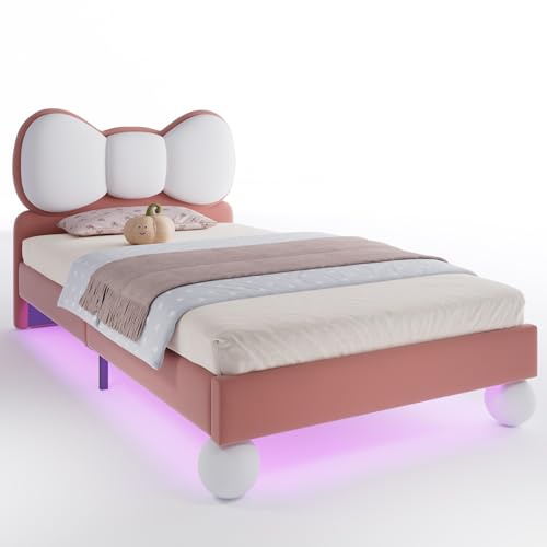 Kinderbett Polsterbett 90x200, Einzelbett Mädchenbett mit LED-Lichtleiste&Fliegeformiges-Kopfteil, Bett Jugendbett Bettgestell Funktionsbett Bettrahmen mit Lattenroste, Samt, Ohne Matratze, Beige+Rosa – Bild 8