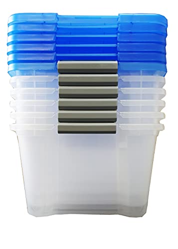 Iris Ohyama 15 Liter Stackable Storage Boxes, 15 L Pack of 6 Buckle Up Storage Containers with Lid - Blue LID
