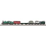 Grundfläche: ca. 158 x 88 cm Min. Aufbaufläche: 168 x 98 cm 1x Dampflok G7 mit 5 Güterwagen 12 x 55412 Bogen mit Bettung R2 422 mm 5 x 55401 Gerade Gleise mit Bettung 231 mm 1 x 55406 Gerades Gleis für Anschluss-Clip 1 x 55447 Sockel für Anschluss-Clip 1 x 55270 Anschluss-Clip 1 x Fahrregler 1 x Netzteil (Adapter 5,4 VA)