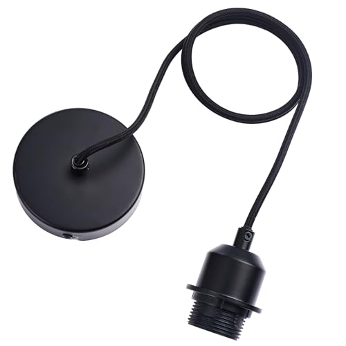 Image of COZZY Black Ceiling Pendant Light Fitting, Black E27 Screw Lamp Holder with Ring for Lock Shade, 1000MM Braided Flex, Suspended Pendant Ceiling Rose,82601BLK