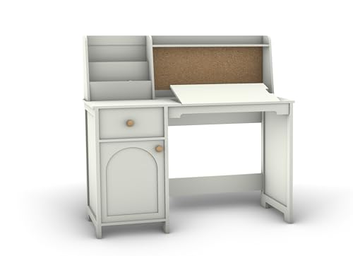 Treocho Kids Study Desk and Chair Set, Kids Desk with Hutch and Tiltable Desktop for 3-8 Years Old, Wooden Children Study Table with Storage Cabinet, Student Writing Desk Bedroom, Home School, White
