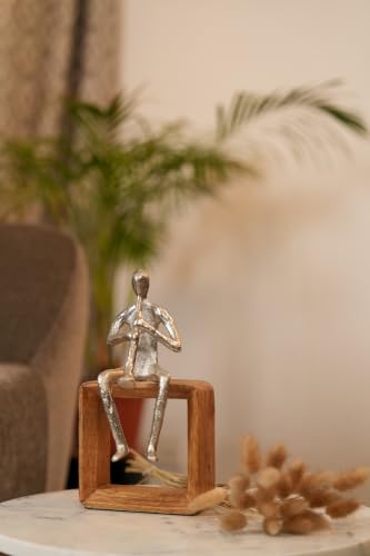 Image of MANOR HOUSE Flute Player Figurine Showpiece, Silver Metal Musician Sculpture on Wooden Square Base (Playing Flute Sculpture)