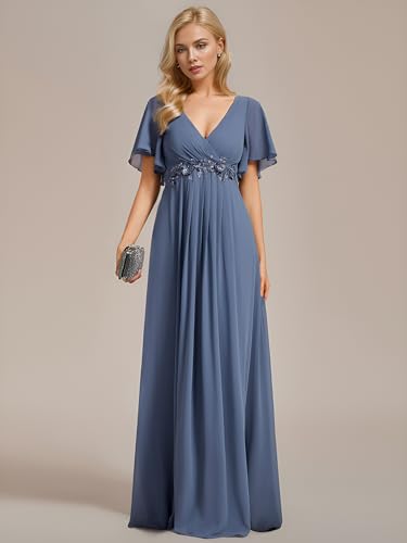 Image of Ever-Pretty Women's Spring Short Sleeve Bridesmaid Dresses V-Neck Chiffon Ruched Empire Waist Appliques Long Formal Dress
