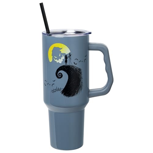 Image of Silver Buffalo Disney Nightmare Before Christmas Featuring Oogie Boogie, Jack Skellington, and Sally Double Walled Stainless Steel Tumbler with Handle and Straw, Fits in Standard Cup Holder, 40 Ounces
