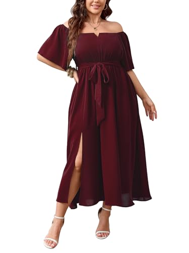 Image of SCOMCHIC Womens Plus Size Formal Dresses Off The Shoulder Wedding Guest Cocktail A-Line Split Maxi Dress with Pockets