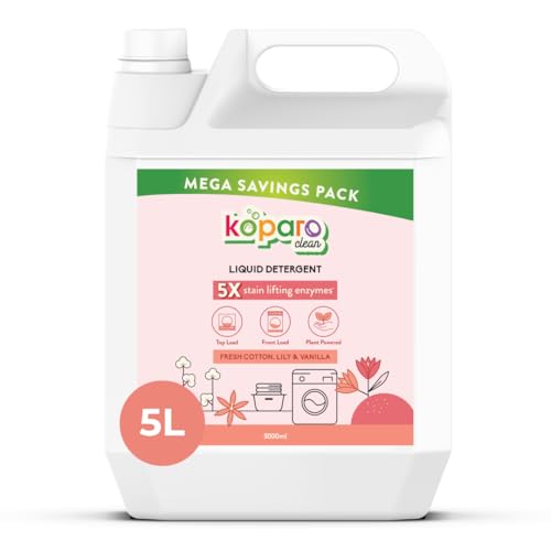 Koparo Natural Laundry Liquid Detergent | 5 Litres | Fresh Cotton, Lily & Vanilla | Top Load, Front Load Washing Machine & Hand Wash Friendly | Organic & Eco-Friendly | Tough on Stains, Safe for Kids