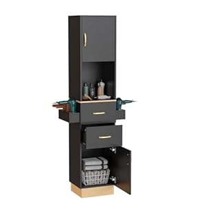 Salon Storage Station, Barber Stations Beauty Salon Spa Equipment with 2 Drawers, 2 Storage Cabinet, 6 Hair Dryer Holders for Hair Styling, Black Gold