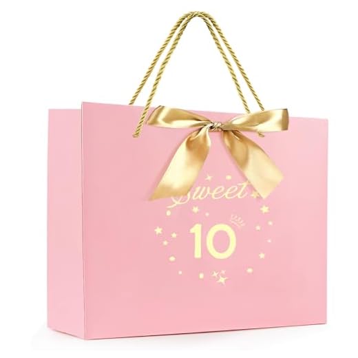 Yiran Sweet 10th Birthday Pochette Cadeau Papier,Gift Bag Paquet,Rose Avec Noeud Pour Fille 10 Ans Fête d'Anniversaire Décorations