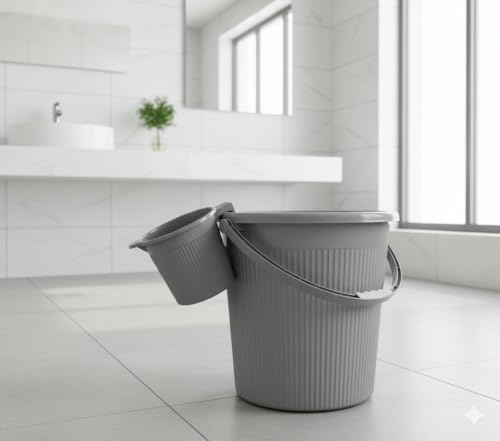 Image of MODWARE Plastic Bucket Set with Mug, 25L Bucket with 1.5L Mug, Polypropylene, Round Shape, (Grey, 25 L)