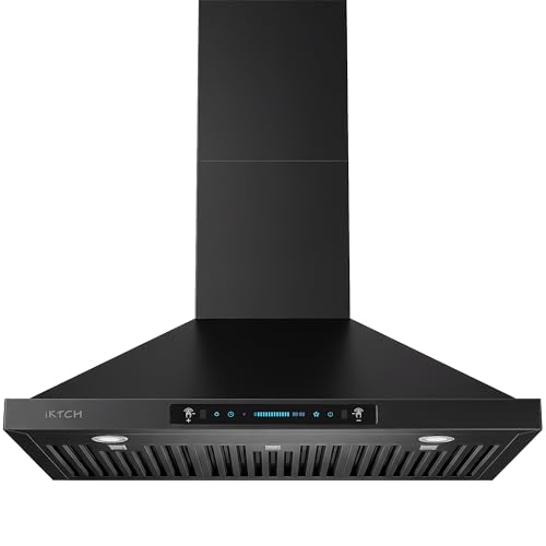 Image of IKTCH 36 inch Black Wall Mount Range Hood, 900 CFM Ducted /Ductless Stainless Steel Vent Hood with Gesture Sensing & Touch Control Switch Panel, 2 Pcs Adjustable Lights