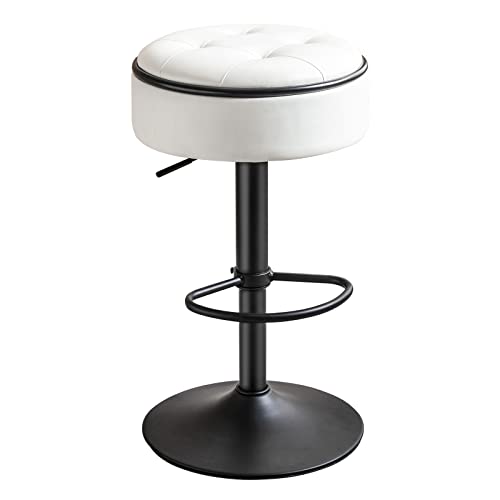 Round Storage Bar Stool, White Faux Leather Height Adjustable Barstool, 360°Counter Height Swivel Stool, Armless Bar Chair With Metal Frame For Kitchen Counter Dining Living Room #TOP5