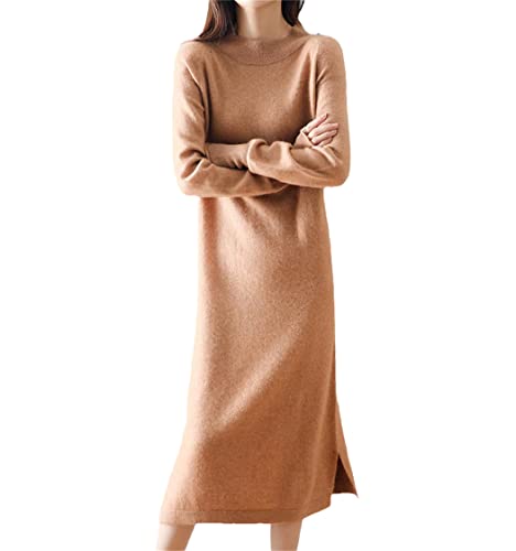 Robe en laine kaki col rond élégante et douce pour femme