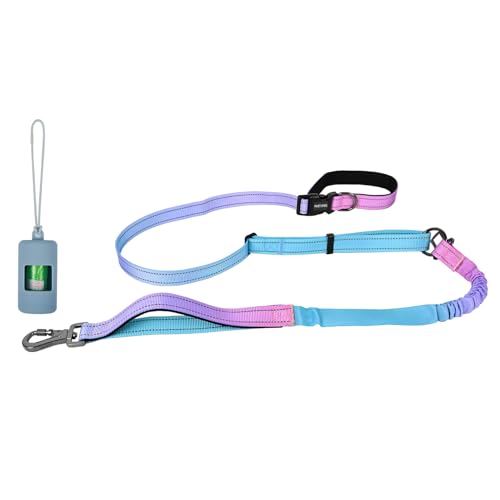 PINETAPIRS Hands-Free Dog Leash, Heavy Duty Bungee Leash with Reflective Strips, Adjustable 4.7-7.3 Feet, Pink & Blue, Dog Car Seatbelt