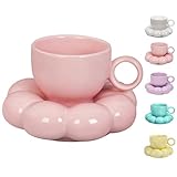 ARISKEY 10oz Coffee Mug for Women,Tea Cup and Saucer Set with Spoon,Perfect for Latte and Milk,Dishwasher and Microwave Safe,Suitable for Mom,Peach Pink