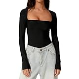 InfiniZer Going Out Tops for Women UK - Square Neck Long Sleeve Cute Tops, Double Lined Dupe Crop Tops, Slim Fit Y2K Streetwear Solid Pullover T-Shirts (UK, Alpha, M, Regular, Regular, Black)