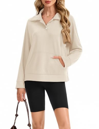 Meetjen Women's Hoodies Oversized Sweatshirts Pullover Sweaters With Pocket Loose Long Sleeve Comfy Winter Outfits Trendy Cute Tops Khaki M