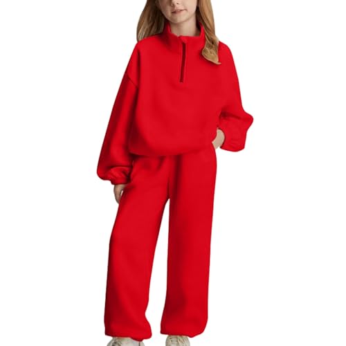 Girls Half Zipper Sweatshirts Set Plain Fleece 2 Piece Baggy Sweatpants Pullover Tops Sweatsuits Teen (Red, 12-13 Years)