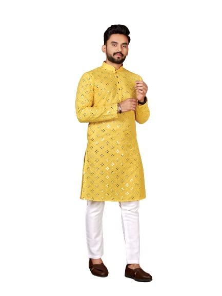 AmziraFashion Men's Cotton Long Sleeve Embroidered Mirror Work Kurta