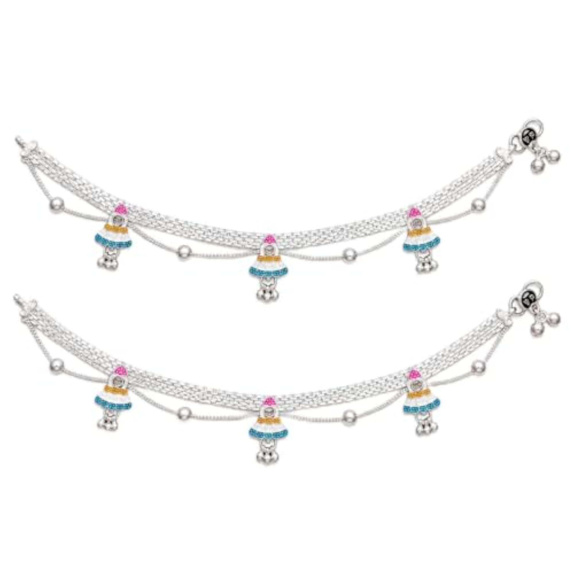 Silver Anklet Pair with Enamel Ghungroo Charms
