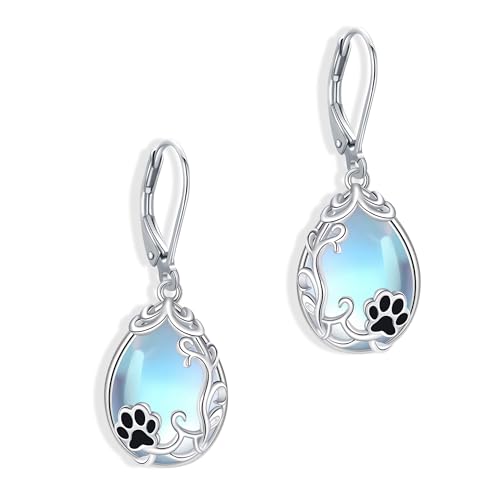 Image of JERWLI Paw Print Earrings for Women 925 Sterling Silver Dog Cat Paw Dangle Earrings Moonstone Jewelry Gifts for Women