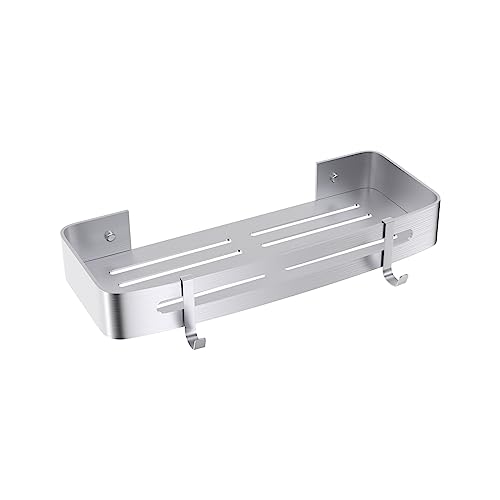 Étagère d'Angle de Salle de Bain en Aluminium sans Percage - Panier de Rangement de Cuisine et Douche avec 2 Crochets, Porte Shampoing (Argent) - 1 Pièce