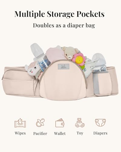 Image of MOMTORY StowNGO Pro Safety-Certified Ultra Storage Baby Carrier, Soft Pink | Plus Size Friendly, 6 Carry Positions, Front & Back, Baby Carrier With Hipseat, Fits 7-50lbs Newborn To Toddler