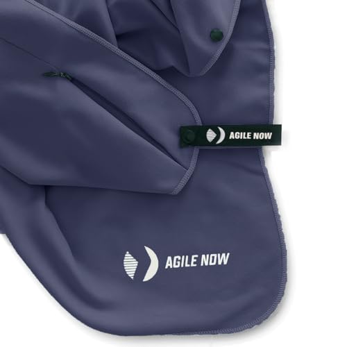 AGILE NOW Fitness Towel - Multifunctional Microfibre Gym Towel with Hood, Magnetic Clip and Zip Pockets, Sports Towel Gym, Gym Accessories, Navy Blue