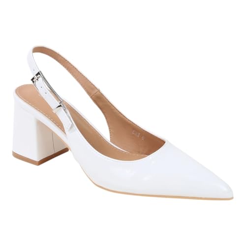 Women Patent Block Heel Buckle Slingback Pumps Shoes - Main Image