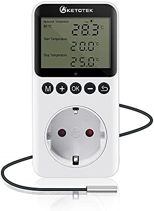 KETOTEK Enchufe Termostato con Dia Noche Temporizador, Digital Controlador de Temperatura Enchufe con Sonda de 3m Reptil Terrario Invernadero Fermentación Calefacción Refrigeración Celsius/Fahrenheit