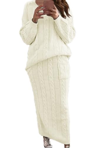 Image of chouyatou Women Winter Casual Chunky Cable Knit Long Pencil Skirt 2 Piece Outfit Oversized Pullover Sweater Sets