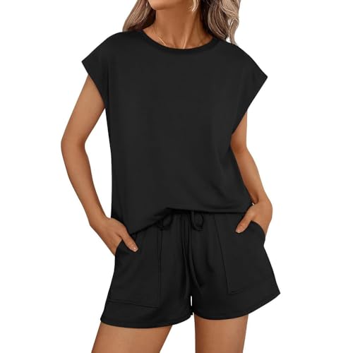 XFSRG 2 Piezas Chandal Mujer Verano Camiseta Manga Corta y Pantalón Corto Deportivo Casual Conjunto con Bolsillos para Fitness Running Jogging(Negro/L)