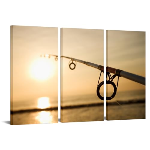 iKNOW FOTO 3 Piece Canvas Print Fishing Wall Art Fishing Pole against Ocean at Sunset Picture Nature Photography Nautical Artwork Painting for Home Living Room Bedroom Office,12x24inch Each by iKNOW FOTO - Used condition - US$36.42