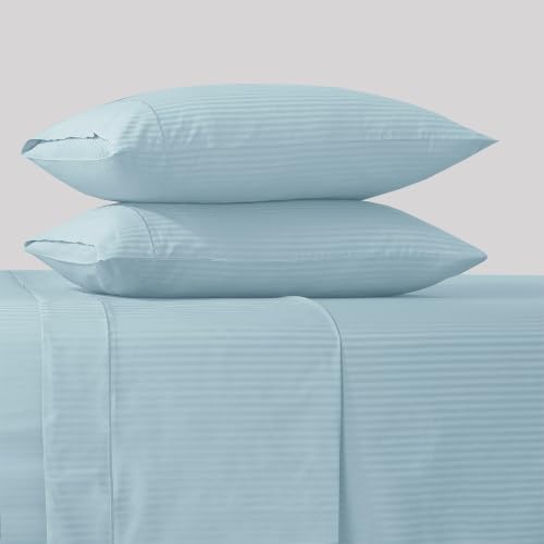 Image of Feather & Stitch 500 TC Split King Size Sheet Set, 5 piece Bed Sheets Set-2 Twin Fitted Sheet, 1 King Flat Sheet & 2 King Pillowcases, 18 inch Deep Pockets Sateen Weave Striped Bedsheet - (Aqua Stripe)