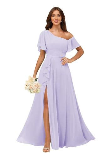 Image of One Shoulder Bridesmaid Dresses for Women with Pockets Short Sleeve Ruffled Chiffon Formal Evening Gowns