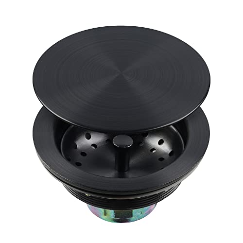 LQS Kitchen Sink Drain Assembly, Sink Drain Basket Strainer, Stainless Steel Removable Sink Strainer Basket and Stopper with Decor Flat Cover 3-1/2-inches (Black with Cover)