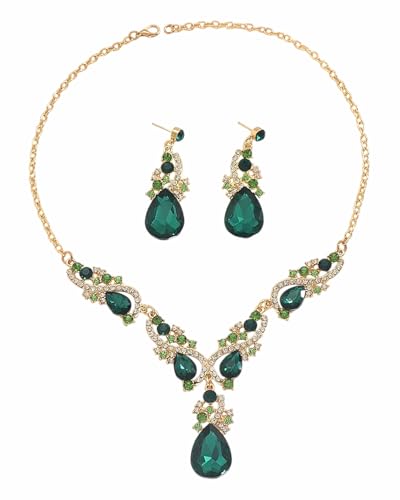 MenYiYDS Juegos de Joyas Mujer Cristal Austriaco de la Lágrima Cluster Declaración Collar Pendientes Enlace Pulsera Conjunto Boda Joyería de Novia(verde)