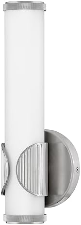 Hinkley Femi Medium LED Bath Vanity Sconce, Integrated LED, Cast Aluminum Ribbed Cuff, Mount Up or Down, Brushed Nickel and Etched Opal Glass