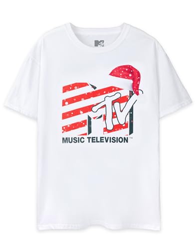 Image of MTV Adults Christmas T-Shirt in White | Santa Hat Graphic Tee for Adults | 90s Nostalgic Short Sleeve Seasonal Graphic Lightweight Top | Xmas Festive Unisex Merchandise Gift for Men and Women