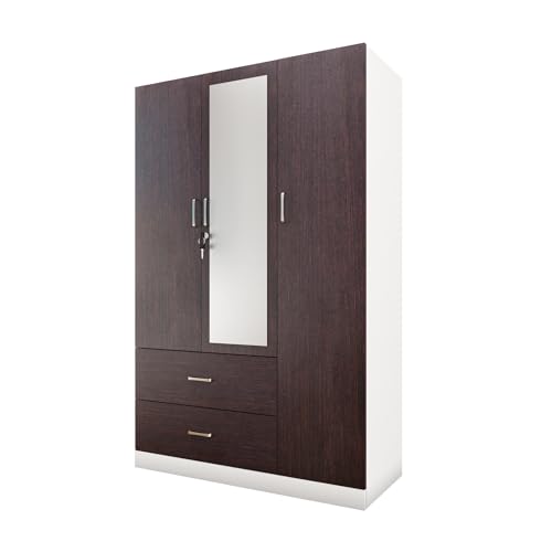 Image of VIKI Wardrobe | Wooden Almirah for Clothes,Door for Bedroom, 3 Door Wardrobe with Drawer, Mirror & Hanging Space (White & Wenge - 40D x 120W x 180H) | 1 Year Warranty | Free Assembly