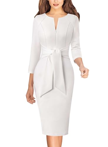 Image of VFSHOW Womens Front Zipper Tie Waist Bow 3 /4 Sleeve Slim Fitted Work Business Office Party Bodycon Pencil Sheath Dress