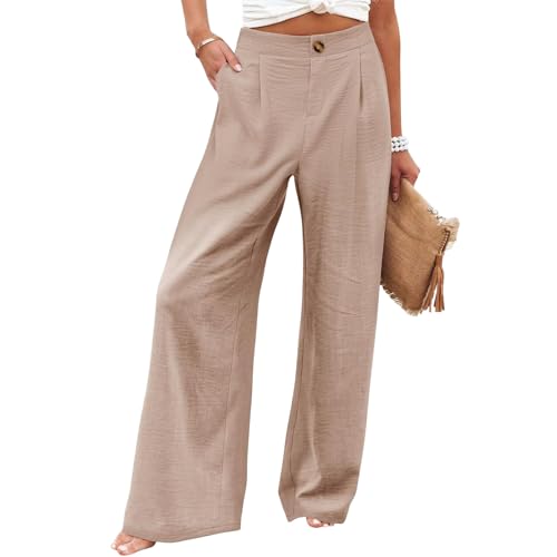 Smoneyful Womens Casual Pants High Elastic Waisted Wide Leg Linen for Palazzo Boho Flowy, Long Trousers for Work or Lounge