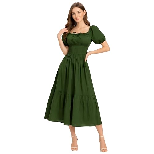 Image of BOOSTY Women's Puff Sleeve Smocked Midi Dress, Square Neck A-Line Dress